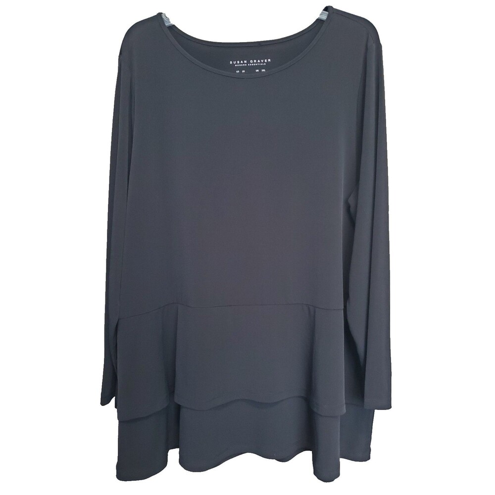 Susan Graver Modern Essentials Black LiquidKnit Tunic Layered Peplum Hem Size 2X